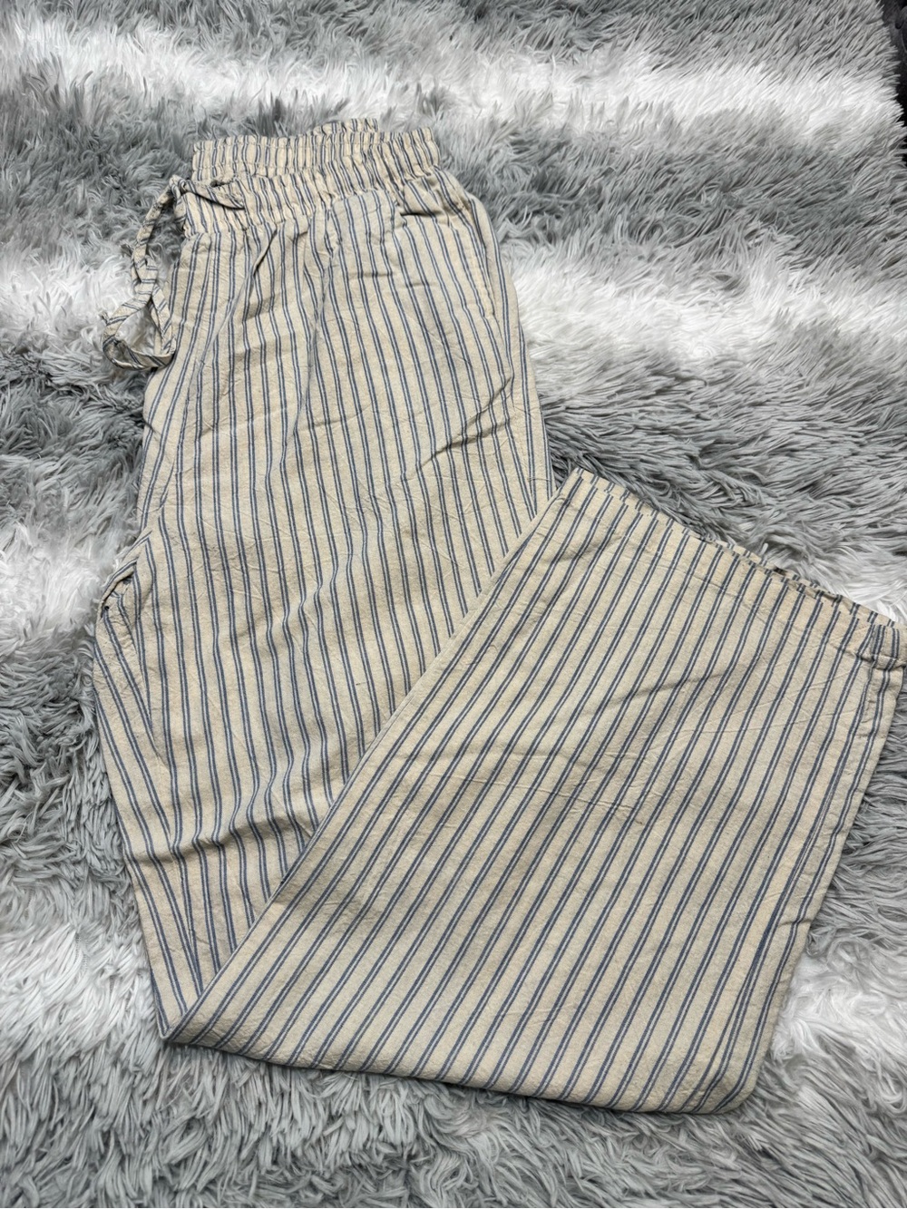 H&M Cream and Blue Vertical Stripe Wide-Leg Pants